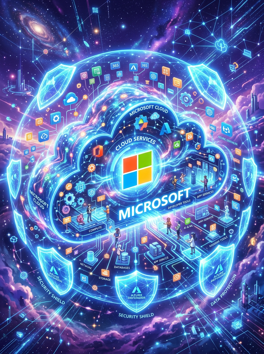 Microsoft cloud services ecosystem with Azure Defender shields and various cloud service icons connected